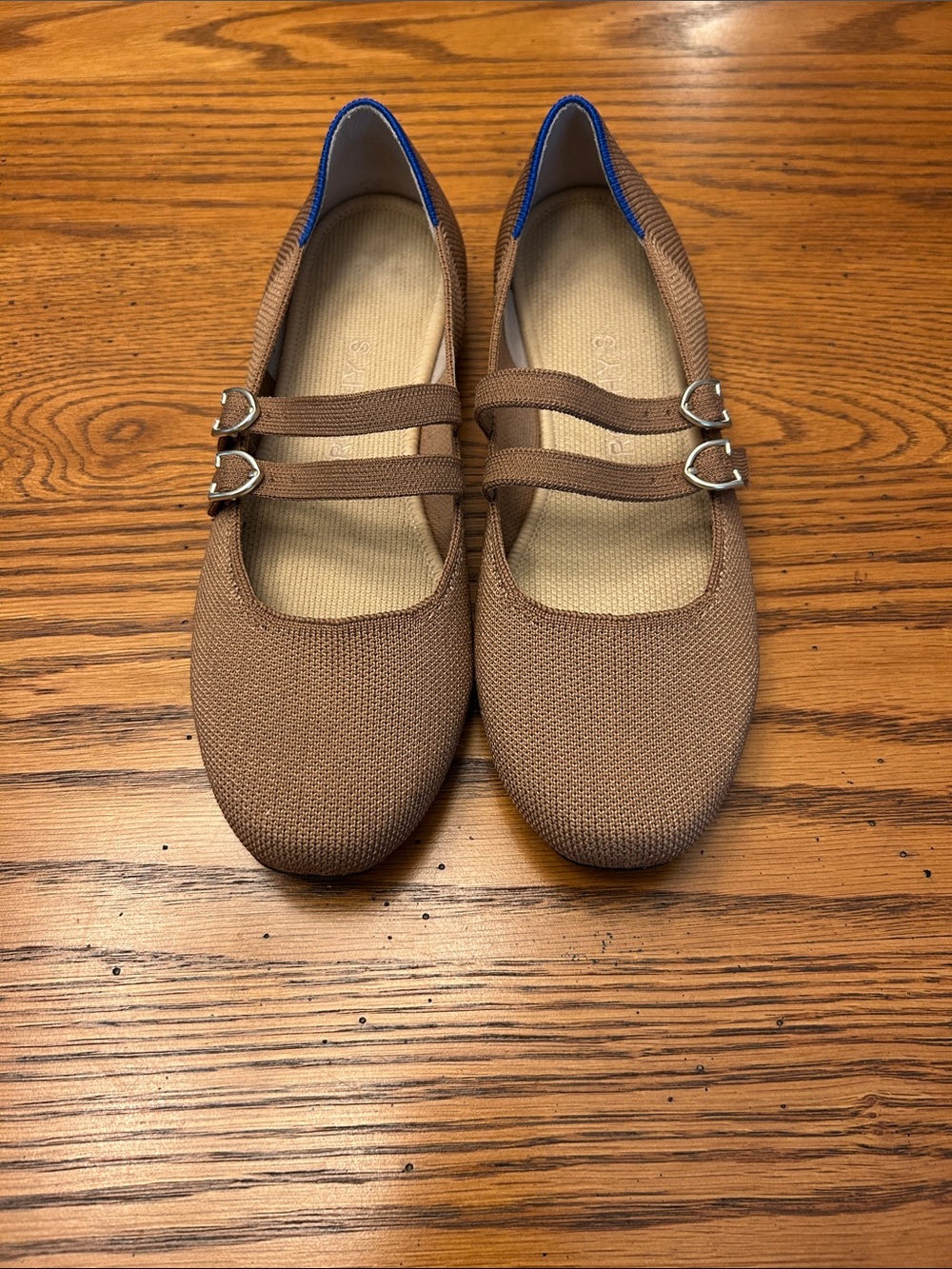 Rothy's Brown Double-Strap Knit Ballet Flats with Blue Trim